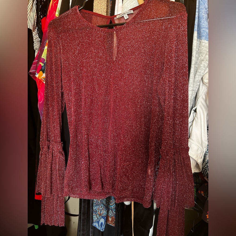 Burgundy sheer sparkly blouse w/ bell sleeves